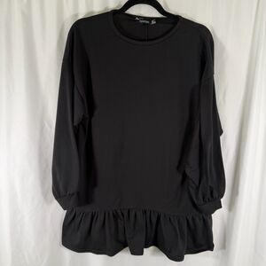 Boohoo Tunic Blouse Women's 8 Black Long Sleeve Ruffle Trim Round Neck